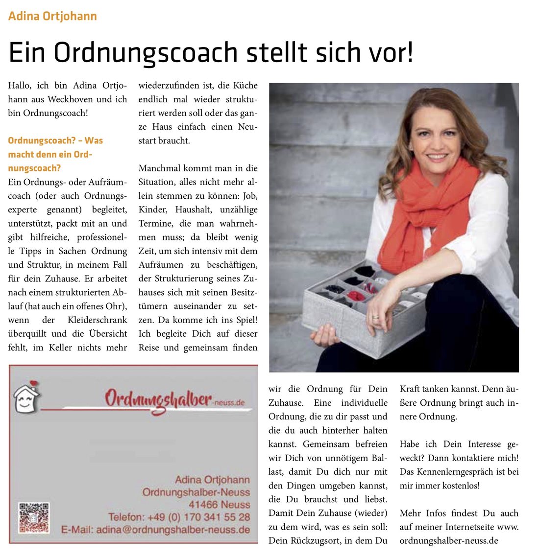 Zeitungsartikel „Ein Ordnungscoach stellt sich vor!“ über Adina Ortjohann im Magazin Blickpunkt Weckhoven mit Foto und Kontaktdaten